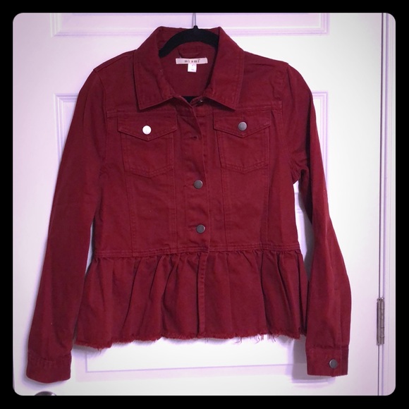 Burgundy Jean Jacket with Ruffle Bottom (Size- S) - Picture 1 of 6